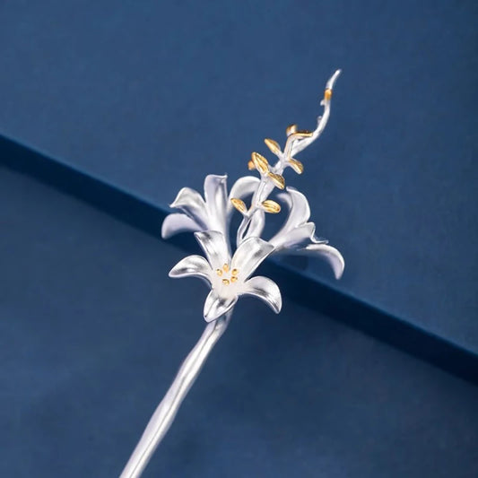 Lily Flower Hairpin – 925 Sterling Silver Elegant Design